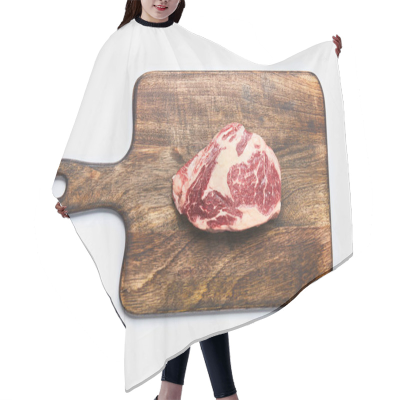 Personality  Top View Of Fresh Raw Steak On Wooden Cutting Board On White Background Hair Cutting Cape