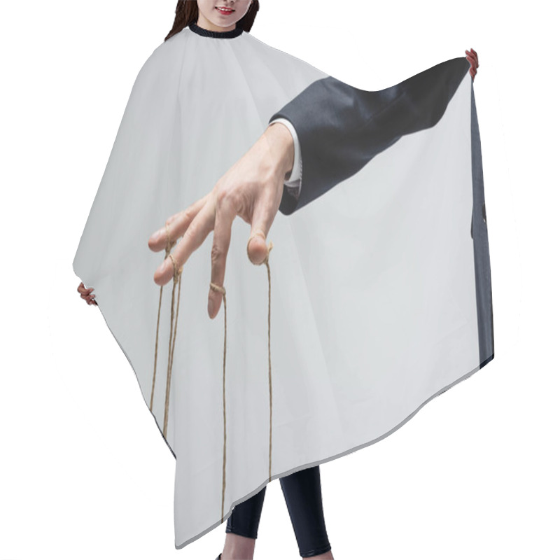 Personality  Cropped View Of Puppeteer With Strings On Fingers Isolated On Grey Hair Cutting Cape