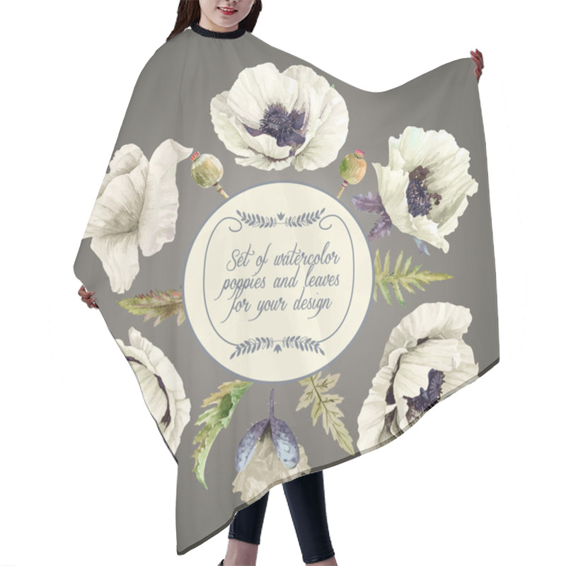 Personality  Vector Set Of White Poppies, Buds, Leaves For Design.  Hair Cutting Cape