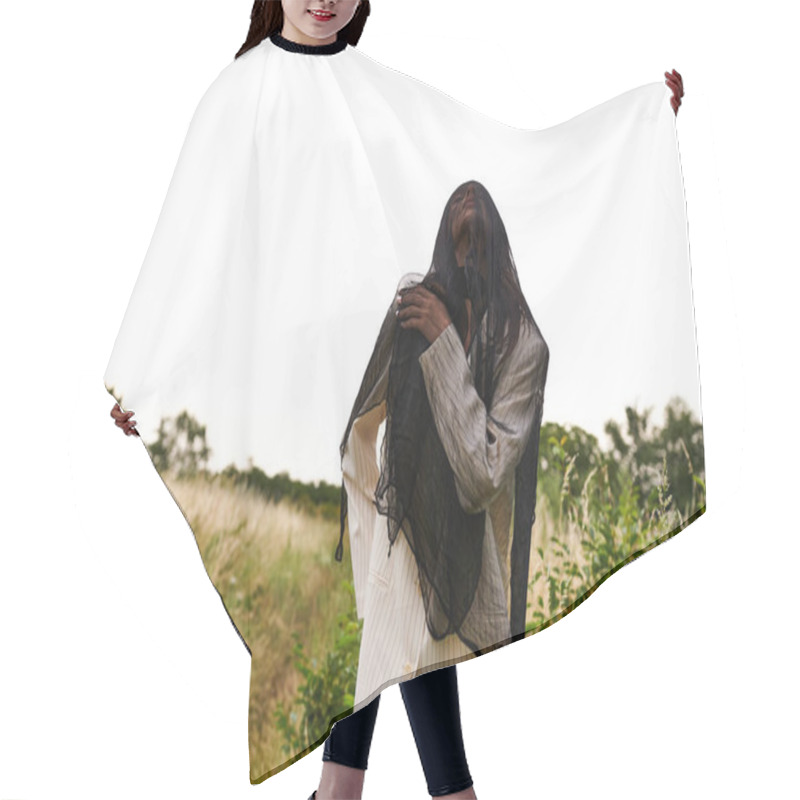 Personality  A Young Woman In White Attire Stands Gracefully In A Field Of Tall Grass, Embracing The Gentle Summer Breeze. Hair Cutting Cape