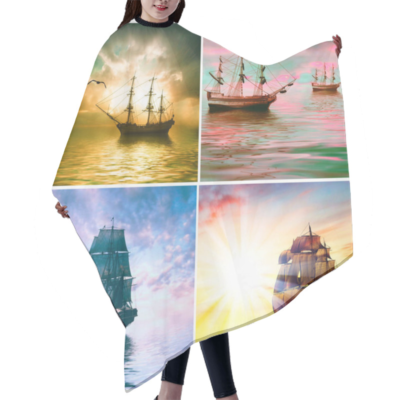 Personality  3D Illustration. Set Of Old Ship Drifting Over Sea At Sunset In Sky. Hair Cutting Cape