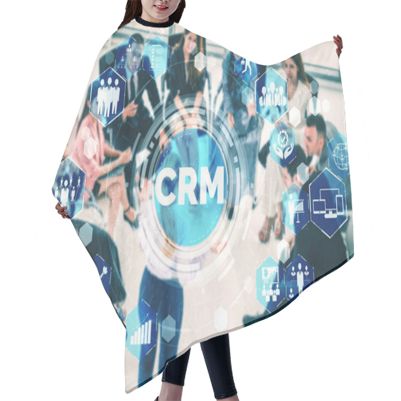 Personality  CRM Customer Relationship Management For Business Sales Marketing System Concept Presented In Futuristic Graphic Interface Of Service Application To Support CRM Database Analysis. Hair Cutting Cape