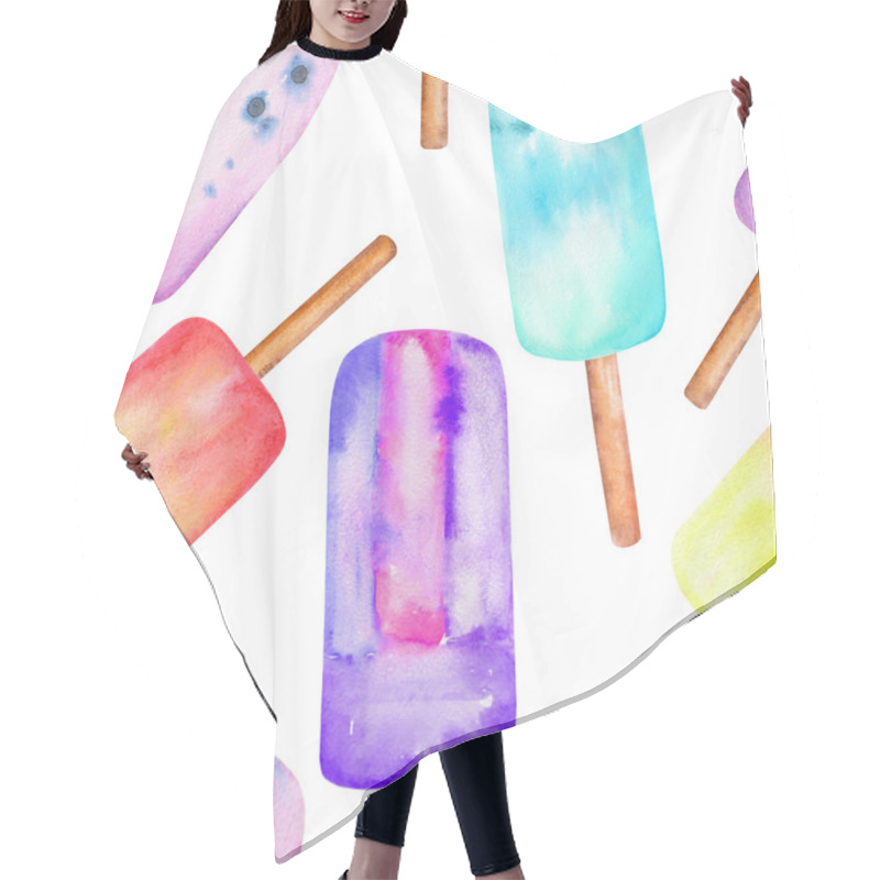 Personality  Seamless Pattern With The Frozen Juice Lolly, Hand Drawn In A Watercolor On A White Background Hair Cutting Cape