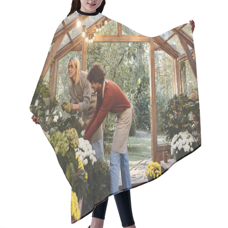 Personality  In A Whimsical Greenhouse, Young Loving Gay Couple With Stylish Looks Are Tending To Colorful Flowers. The Space Is Adorned With Lush Greenery And Warm Light, Creating A Cheerful Atmosphere. Hair Cutting Cape