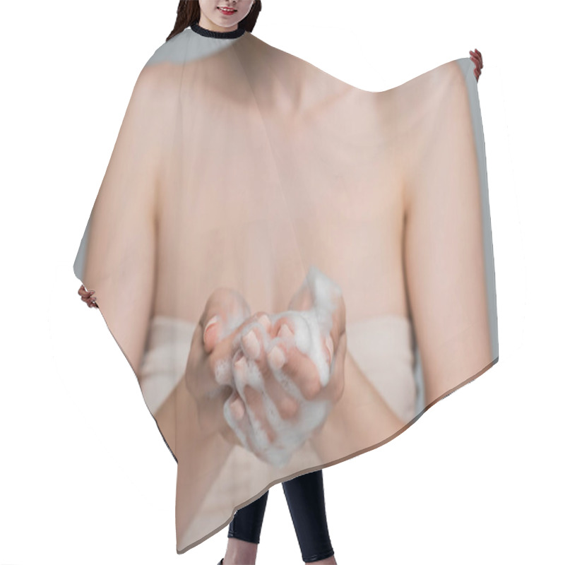 Personality  Cropped View Of Young Woman Holding White Foam In Hands Isolated On Grey  Hair Cutting Cape