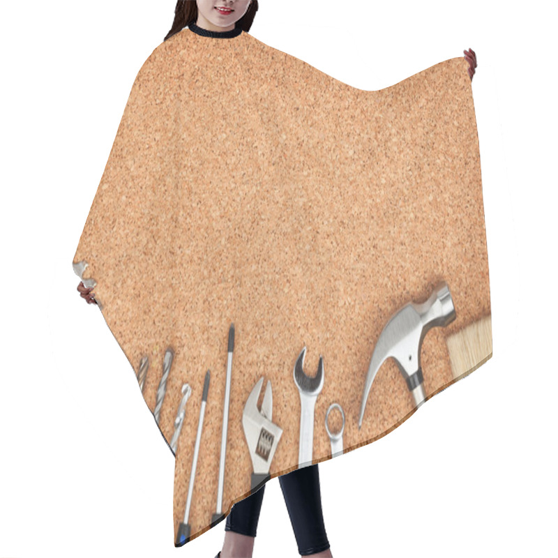 Personality  Set Of Tools On Cork Background Hair Cutting Cape