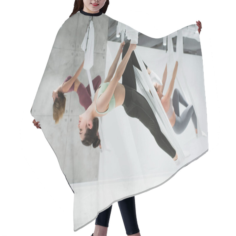 Personality  Young Sportive Women Practicing Aerial Yoga In Sports Center, Blurred Background Hair Cutting Cape