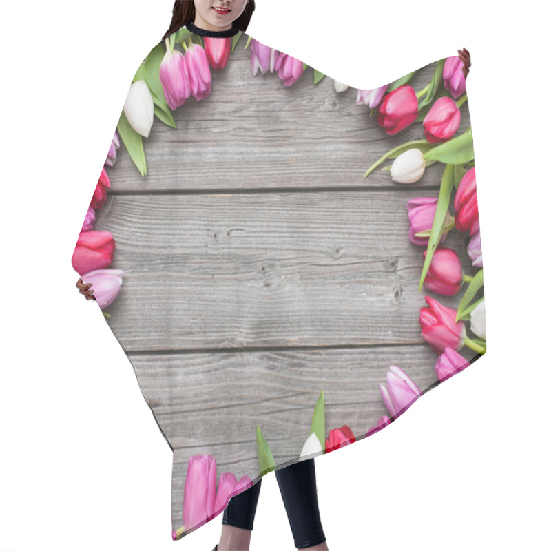 Personality  Tulips Arranged On Old Wooden Background Hair Cutting Cape