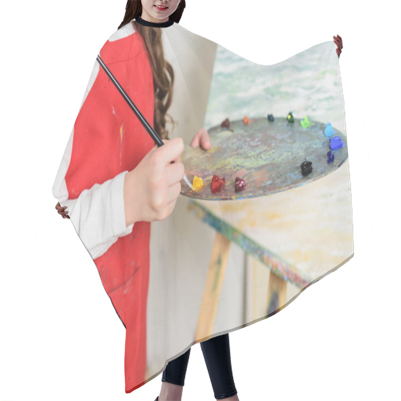 Personality  Cropped Image Of Kid Taking Paint From Palette In Workshop Of Art School Hair Cutting Cape