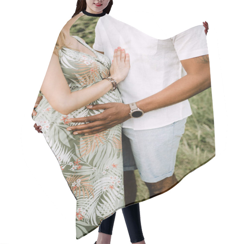 Personality  A Pregnant Interracial Couple Hugging In The Woods Hair Cutting Cape