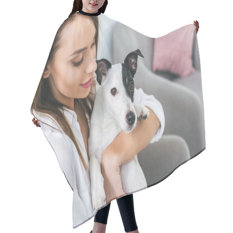 Personality  Beautiful Woman With Jack Russell Terrier Dog Sitting On Sofa Hair Cutting Cape