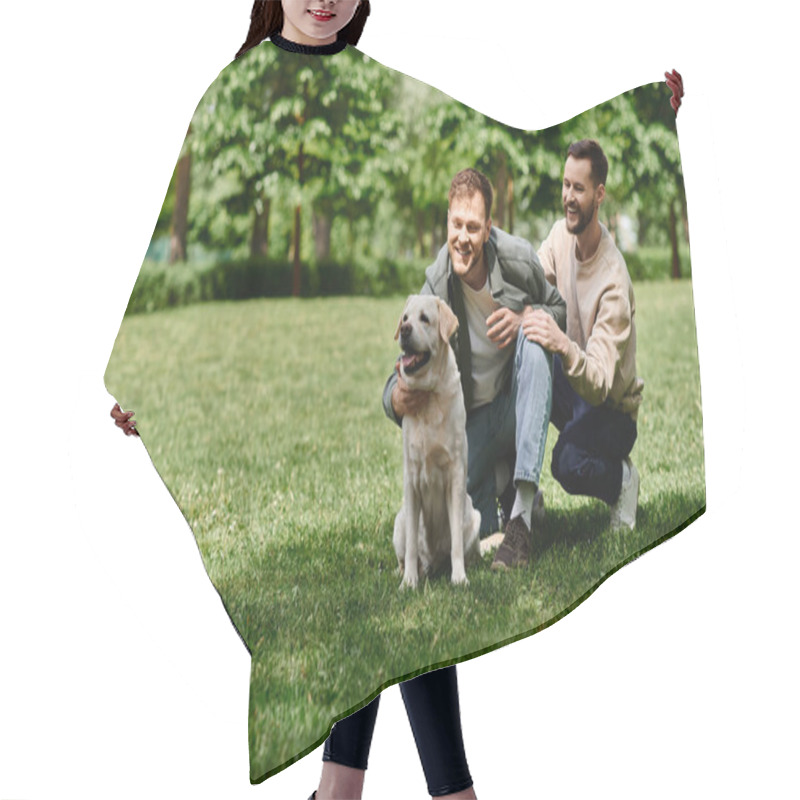 Personality  A Bearded Gay Couple Spends A Sunny Afternoon In The Park With Their Labrador Retriever. Hair Cutting Cape