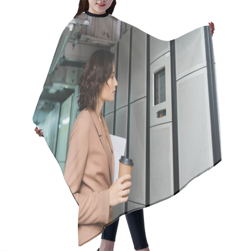 Personality  Side View Of Engineer With Digital Tablet And Coffee To Go Looking At Control Panel On Server Hair Cutting Cape