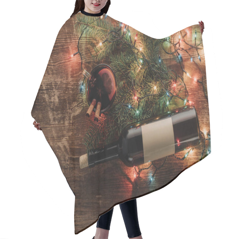 Personality  Top View Of Wine Bottle, Cup Of Mulled Wine And Garland On Wooden Tabletop, Christmas Concept Hair Cutting Cape