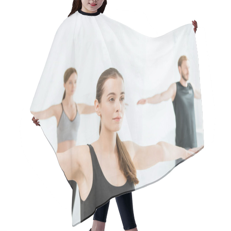 Personality  Young Women And Man Practicing Yoga In Mountain Open Arm Pose Hair Cutting Cape