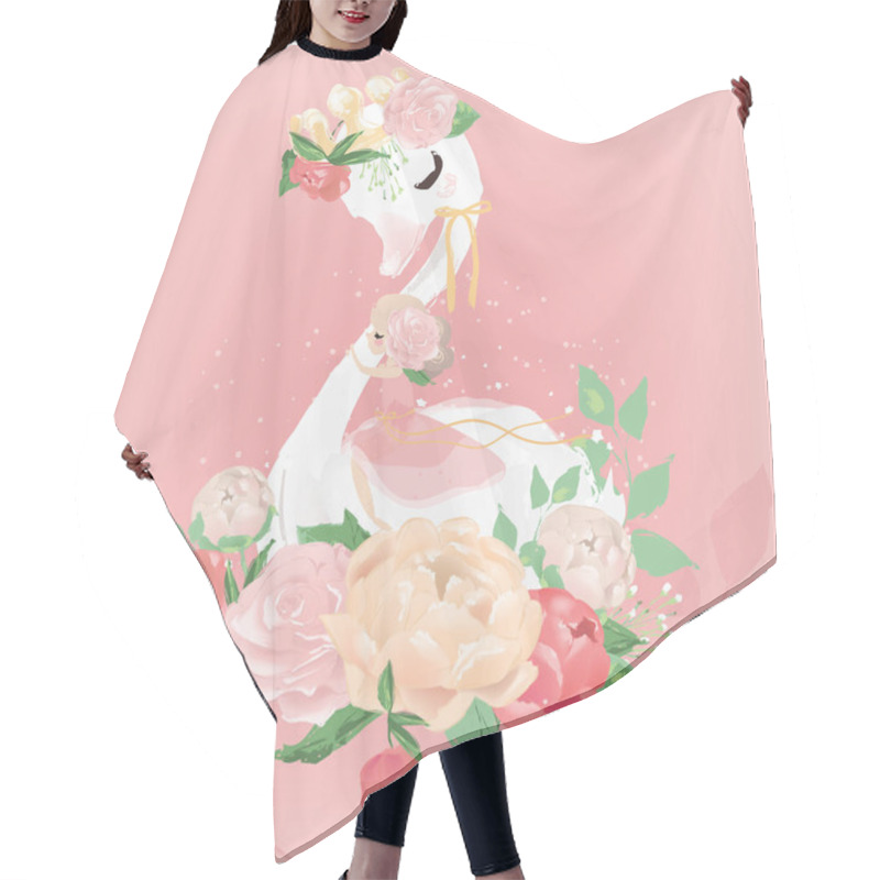 Personality  Beautiful Illustration Of Swan Bird And Little Fairy Girl With Crown And Flowers On Pink Background Hair Cutting Cape