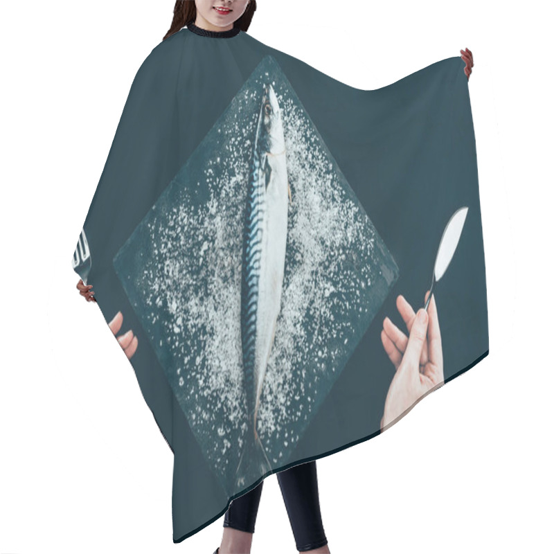 Personality  Top View Of Fresh Raw Mackerel On Slate Board And Human Hands With Fork And Knife Isolated On Black   Hair Cutting Cape