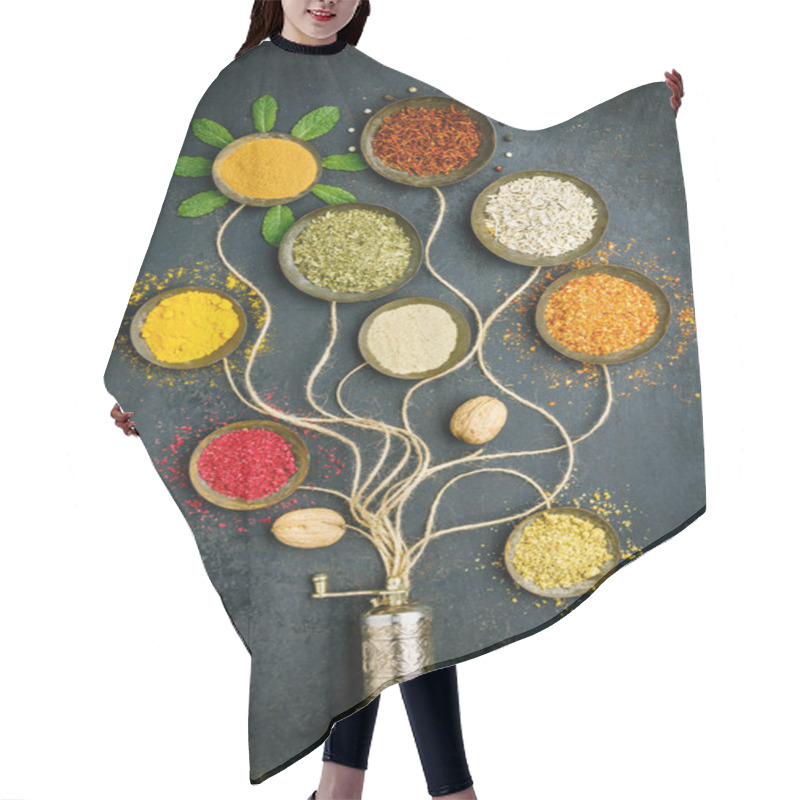 Personality  Various Bowls Of Spices Over Dark Background Hair Cutting Cape