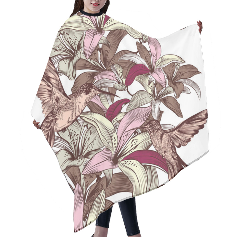 Personality  Seamless Wallpaper Pattern With Lily Flowers And Hummingbirds Hair Cutting Cape