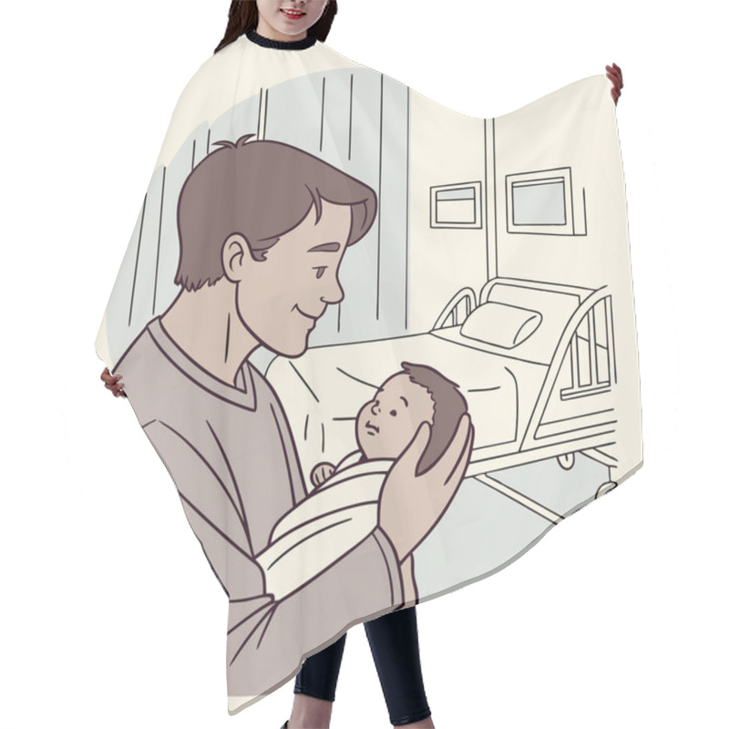 Personality  Happy Father Holds Newborn Baby In Hospital Hair Cutting Cape