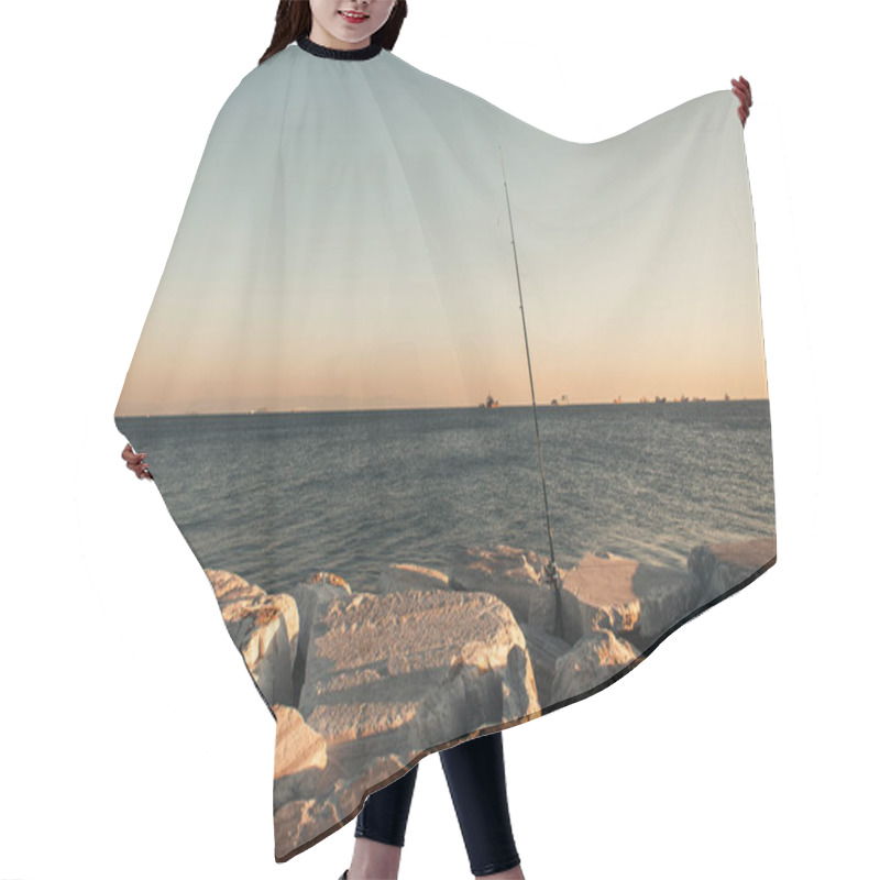 Personality  Fishing Rod In Stones On Seashore Hair Cutting Cape