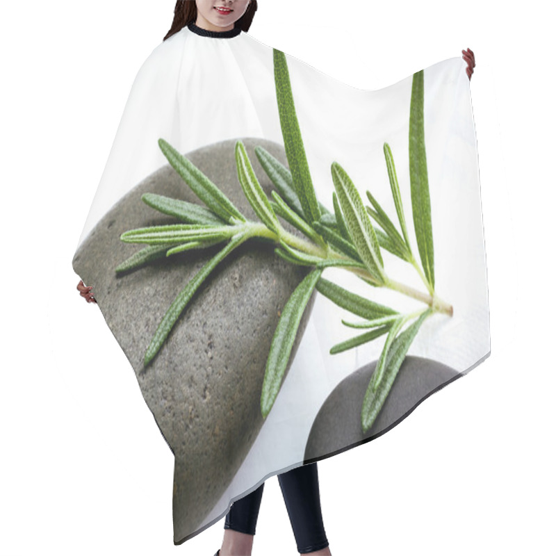 Personality  Close Up Branch Of Fresh Rosemary On Spa Stone  Setup On White W Hair Cutting Cape