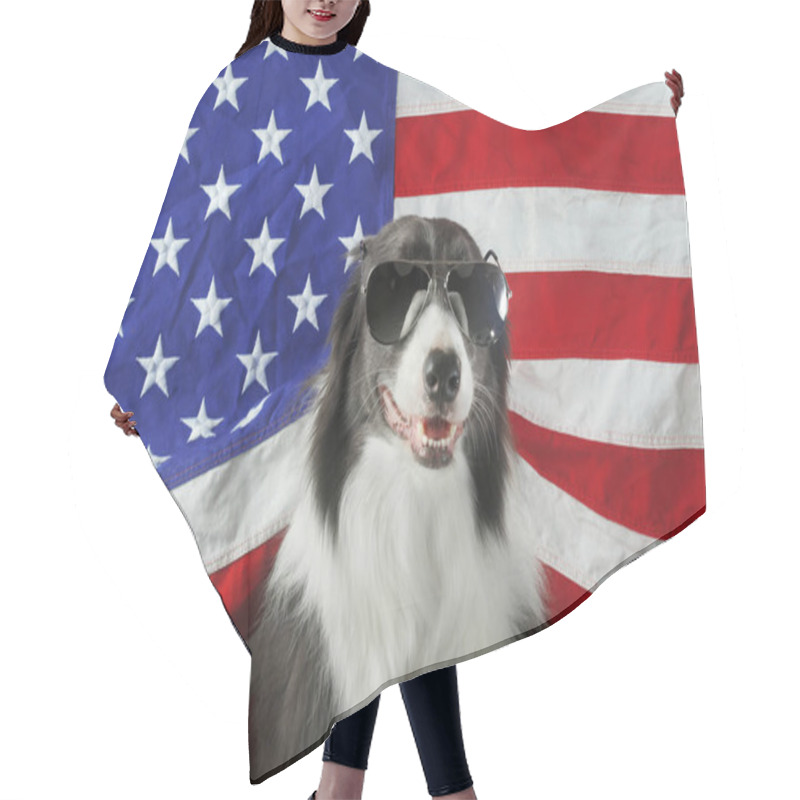 Personality  Beautiful Border Collie In Front Of A USA Flag With Sunglasses Hair Cutting Cape