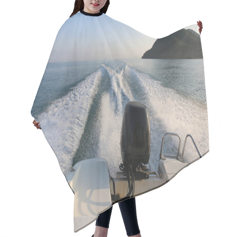 Personality  Motor Boat Of Speed Boat And Morning Sea View. Hair Cutting Cape