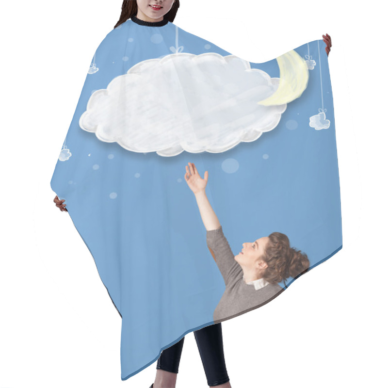 Personality  Young Girl Looking At Cartoon Night Clouds With Moon  Hair Cutting Cape