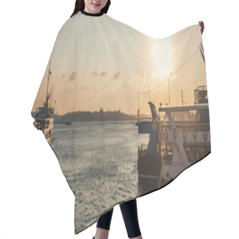 Personality  Ships In Sea With Sunset Sky At Background In Istanbul, Turkey, Banner  Hair Cutting Cape