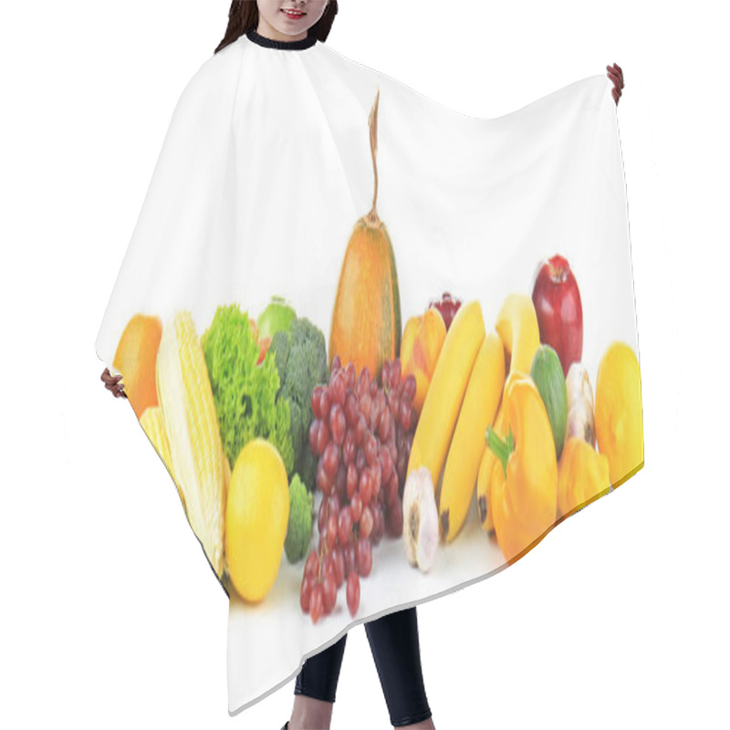 Personality  Composition Of Different Fruits And Vegetables On White Background Hair Cutting Cape