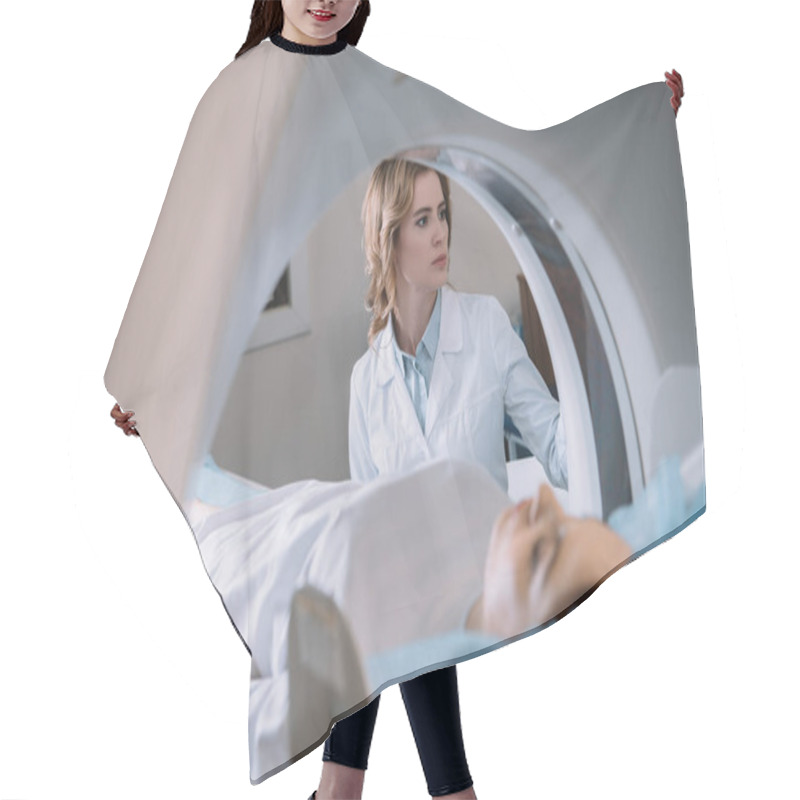 Personality  Selective Focus Of Attentive Radiologist Operating Mri Machine During Patients Diagnostics Hair Cutting Cape