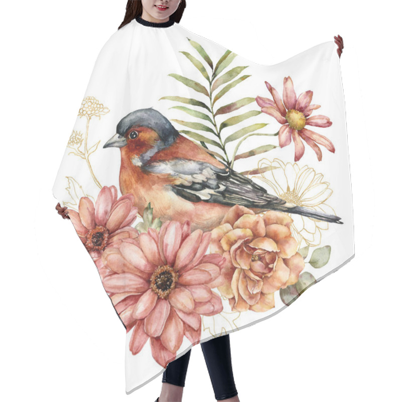 Personality  Watercolor Autumn Composition Of Gold Aster, Rose And Chaffinch. Hand Painted Meadow Linear Flowers And Bird Isolated On White Background. Floral Illustration For Design, Print, Fabric Or Background. Hair Cutting Cape