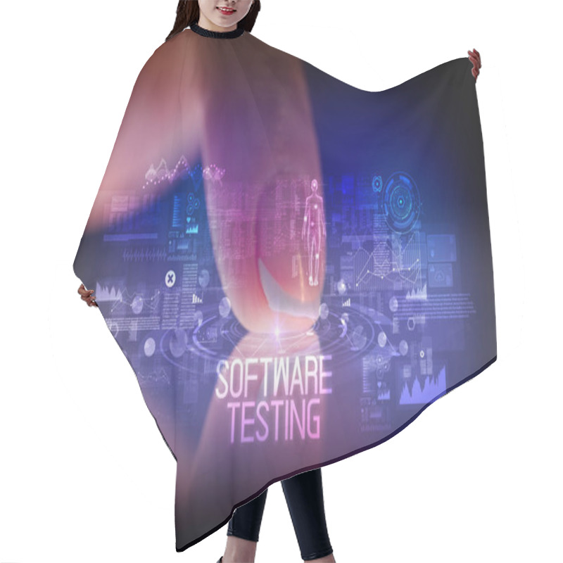 Personality  Finger Touching Tablet With Web Technology Icons Concept Hair Cutting Cape