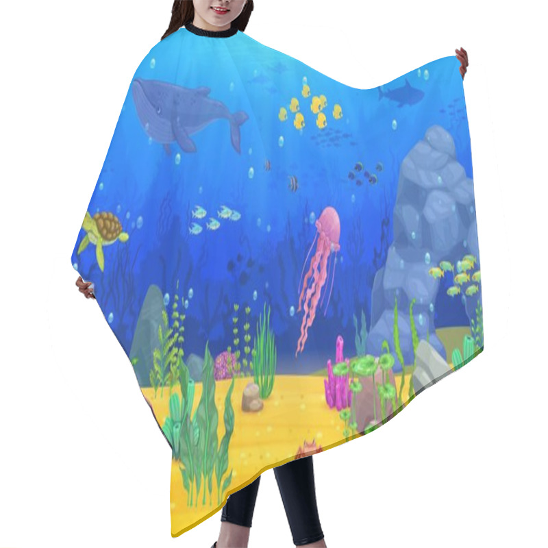 Personality  Cartoon Underwater Landscape With Whale, Fish Shoal, Seaweeds And Turtle, Vector Background. Sea Underwater And Undersea World Of Coral Reef Landscape With Jellyfish, Shark, Tropical Fishes And Shells Hair Cutting Cape