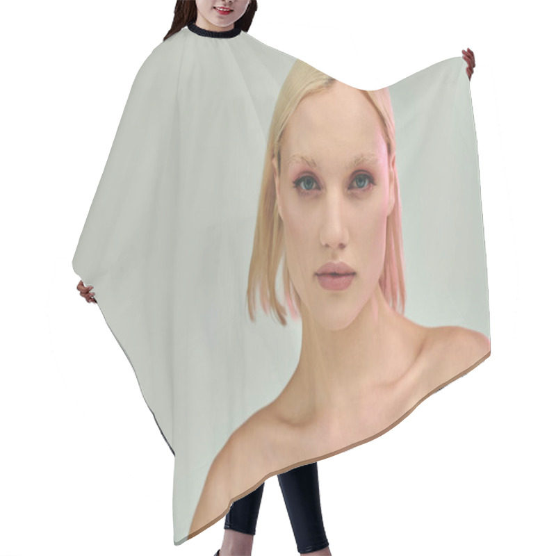 Personality  A Beautiful Young Woman Showcases A Vibrant, Modern Look With Holographic Accents. Hair Cutting Cape