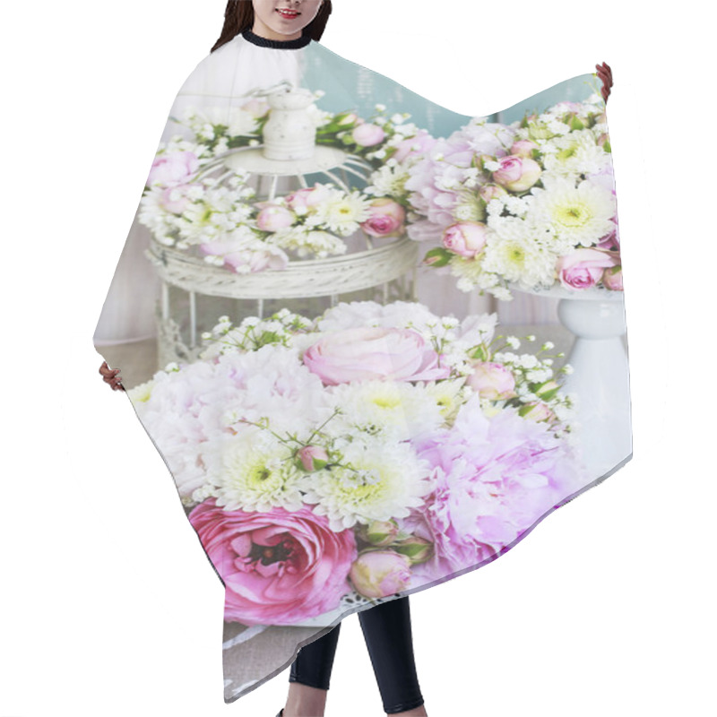 Personality  Floral Arrangement With Pink Peonies, Tiny Roses Hair Cutting Cape