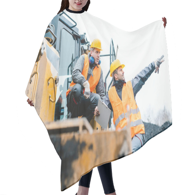 Personality  Foreman Showing Worker In Open-cast Mining Pit Direction Hair Cutting Cape