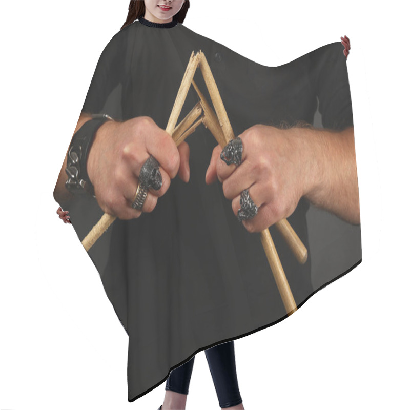 Personality  Man Hands With Broken Drumsticks Over Black Hair Cutting Cape