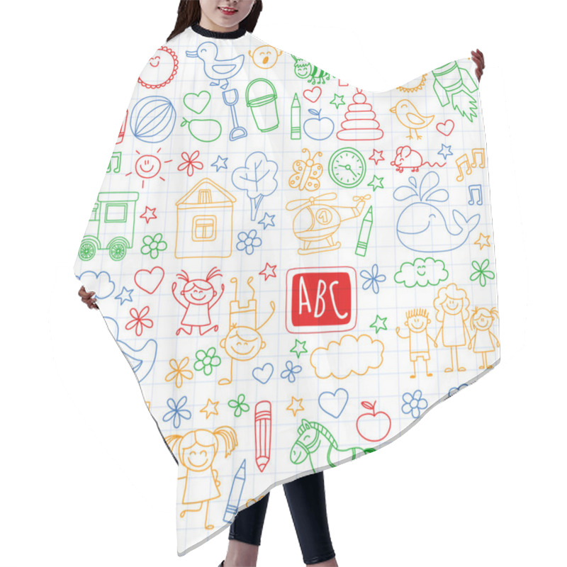 Personality  Vector Doodle Set With Kindergarten Children. Small Kids Play, Learn, Having Fun Together Hair Cutting Cape