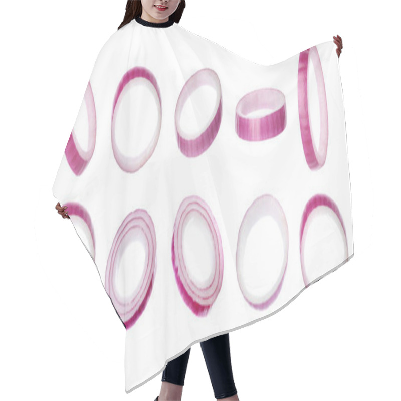 Personality  Set Of Flying Onion Slices On White Background Hair Cutting Cape