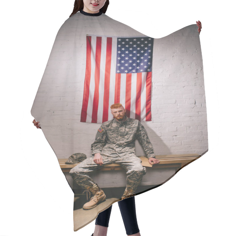 Personality  Soldier In Military Uniform With Letter Sitting On Wooden Bench With American Flag On White Brick Wall Behind, 4th July Holiday Concept Hair Cutting Cape