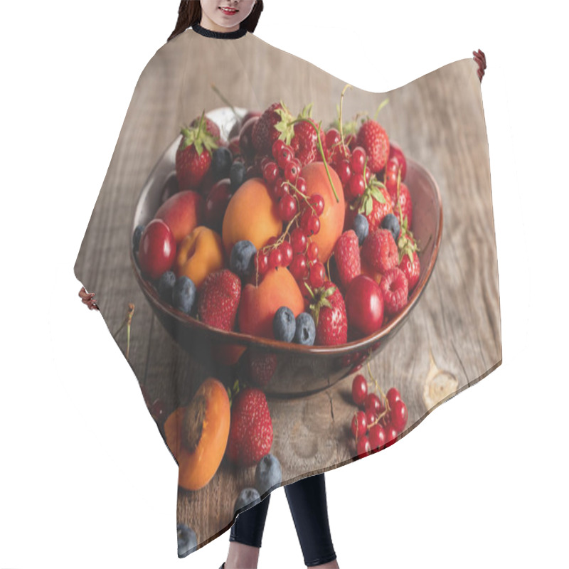 Personality  Ripe Seasonal Berries And Apricots On Plate On Wooden Table Hair Cutting Cape