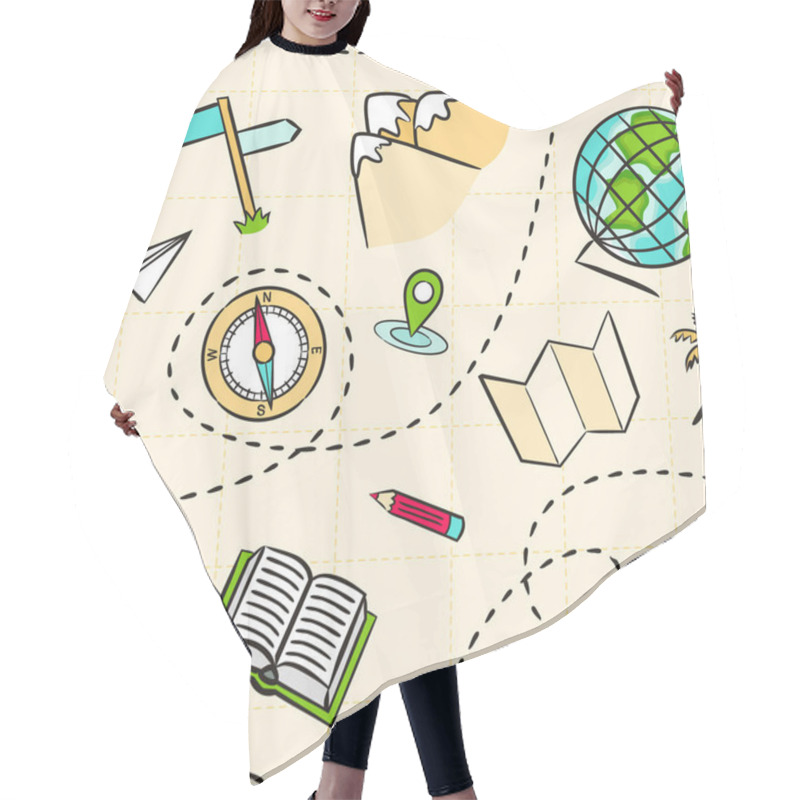 Personality  Seamless Kids Pattern With School Geographic Elements. Pattern With Hand Drawn Education Objects, Globe, Spyglass, Navigation, Route, Pointer, Ruler On Maps Sheet. Vector Background. Hair Cutting Cape