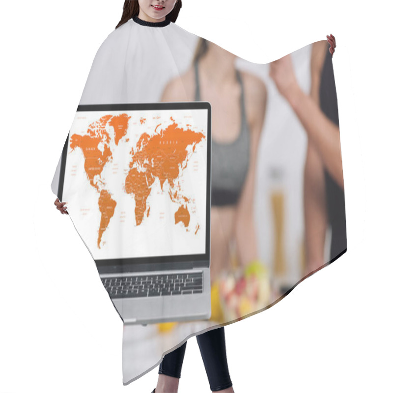 Personality  Selective Focus Of Laptop With World Map On Screen Near Couple In Kitchen  Hair Cutting Cape