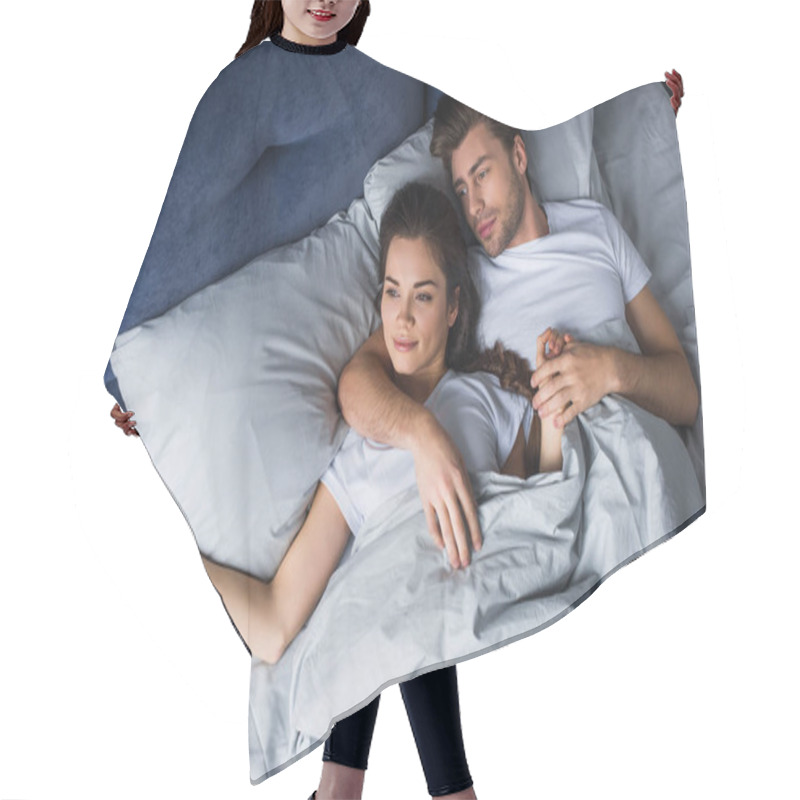 Personality  Smiling Couple Tenderly Embracing While Lying In Bed Hair Cutting Cape