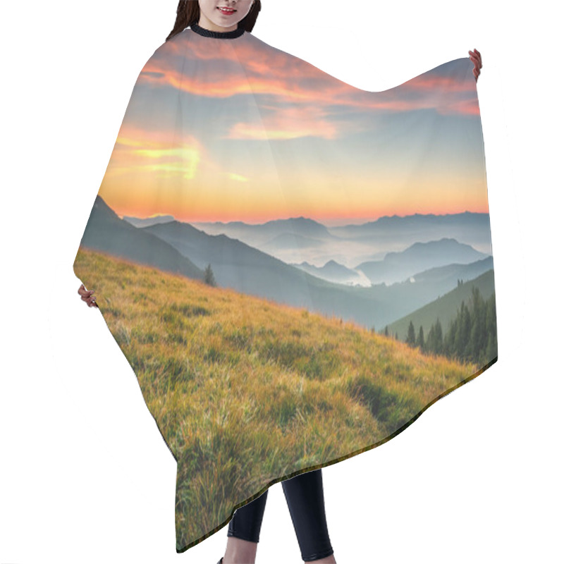 Personality  Grassland In The Mountains At Sunset With Sunbeams. Hair Cutting Cape