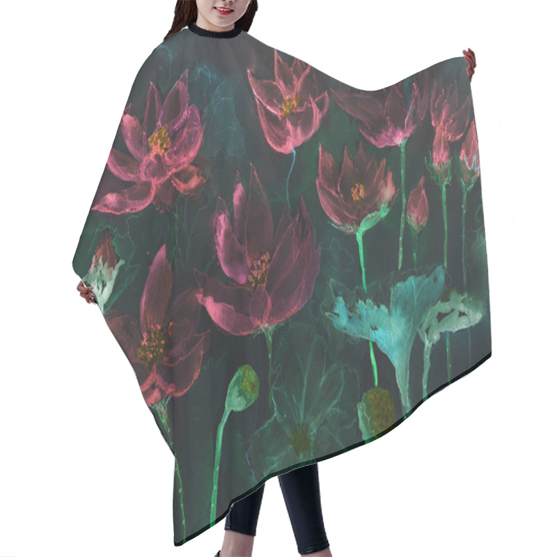 Personality  Pink Velvet Lotus Flowers In The Night. The Dabbing Technique Near The Edges Gives A Soft Focus Effect Due To The Altered Surface Roughness Of The Paper Hair Cutting Cape