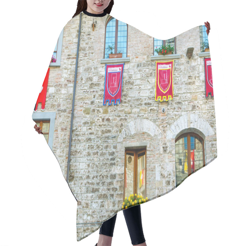 Personality  Italy,Umbria,Gubbio, Dei Consoli Street, The  Facade Of A Medieval House With Gonfalons Of The Districts Of The Town Hair Cutting Cape