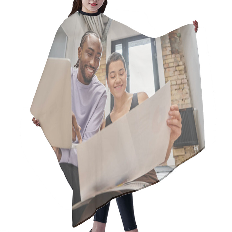 Personality  Happy Man And Woman Looking At Project On Paper, Diverse Colleagues, Coworking, Startup, Ideas Hair Cutting Cape